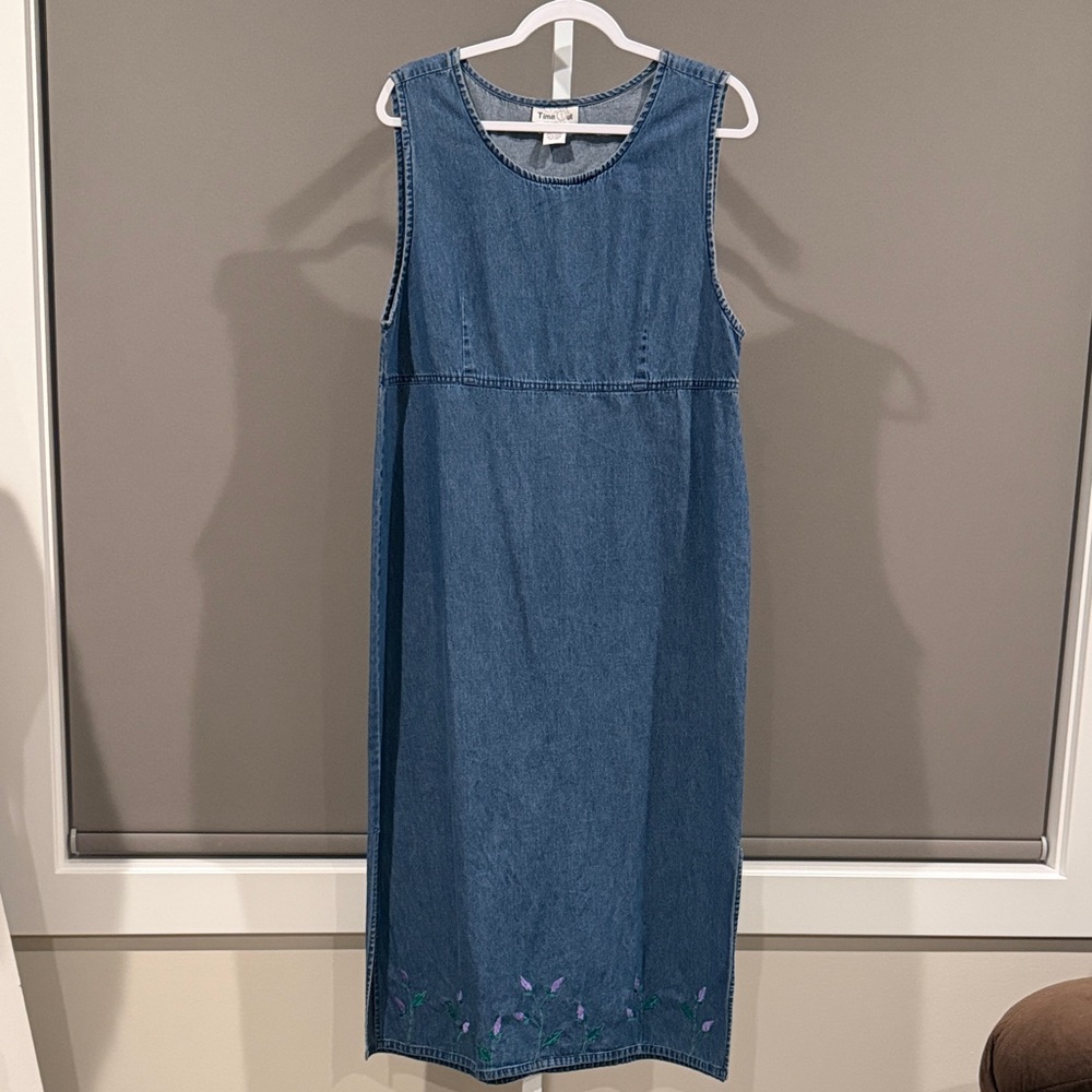 Sleeveless Denim Midi Jumper Dress with Embroidered Hem